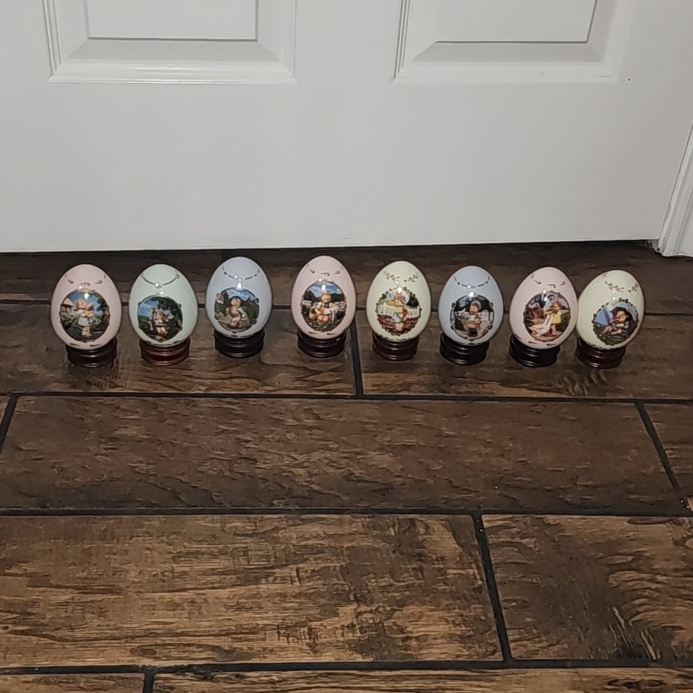 Set of 8 MJ Hummel Porcelain Egg Collection Danburry Mint with Stands 1990s​​​​